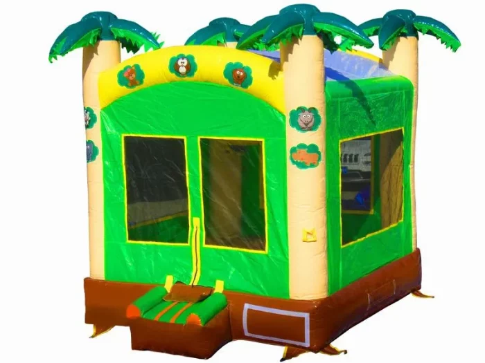 Jungle-themed bouncy castle with palm trees and animal designs, perfect for kids' parties. Buy affordable, high-quality inflatables online in the UK.