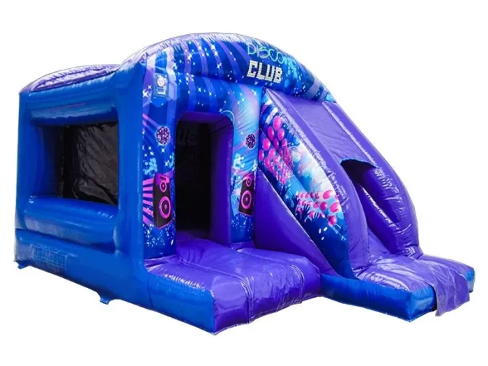 Purple disco club bouncy castle with slide, vibrant design, perfect for kids' parties. Fun, durable, and available to buy online in the UK.